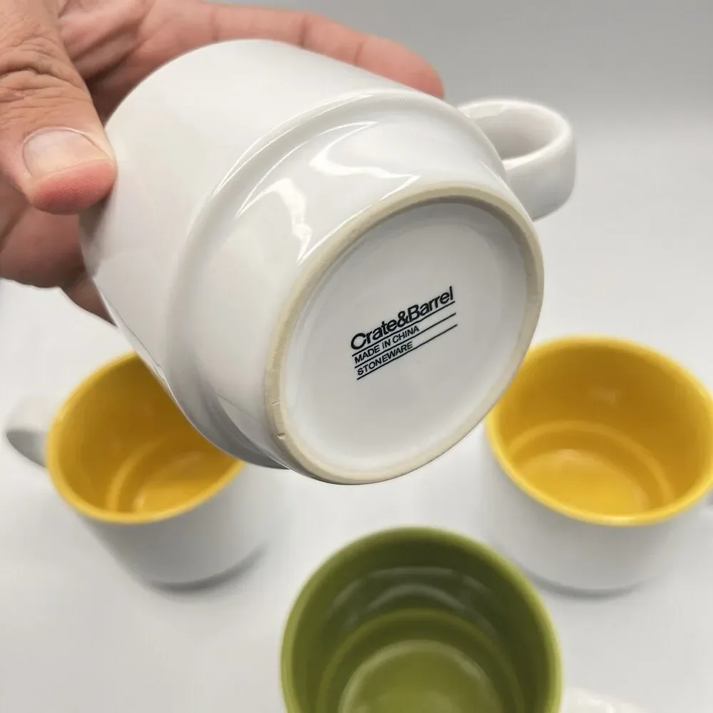 Crate and Barrel Stackable Cups Mugs White with 1 Green and 3 Yellow inside
